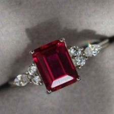 4.40ct Emerald Shape Natural Ruby Gemstones  Diamond Ring 18K White Gold Plated
