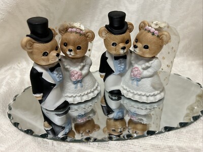Homco Figurines 2 Teddy Bear Bride & Groom Sets #1424 Porcelain Wedding Decor B2