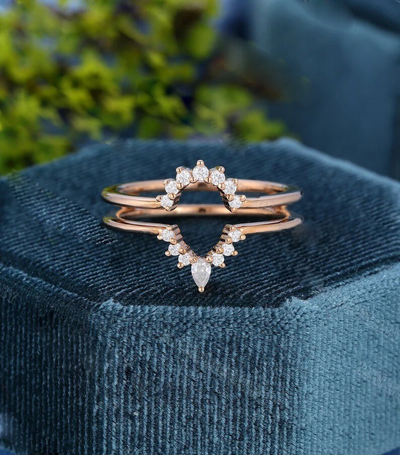 Round Pear Cut Moissanite Double Curved Bridal Wedding Band Matching Ring  Her