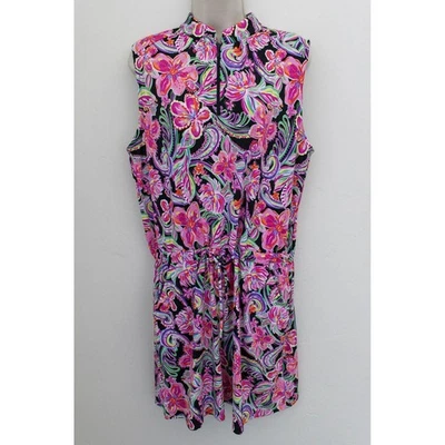 Ibkul Kleid groß rosa Blumen Pullover Tunnelzug ärmellos 1/4 Reißverschluss 50 Golf - Bild 1 von 4