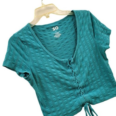 SO Juniors Teal Lace-Up Front Crop Top Short Sleeve Scoop Neck Ribbed Knit large