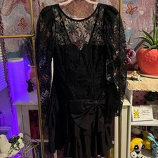 Vintage Steppin' Out Black Lacey Floral Bow Party Dress Size 9 80s Gothic