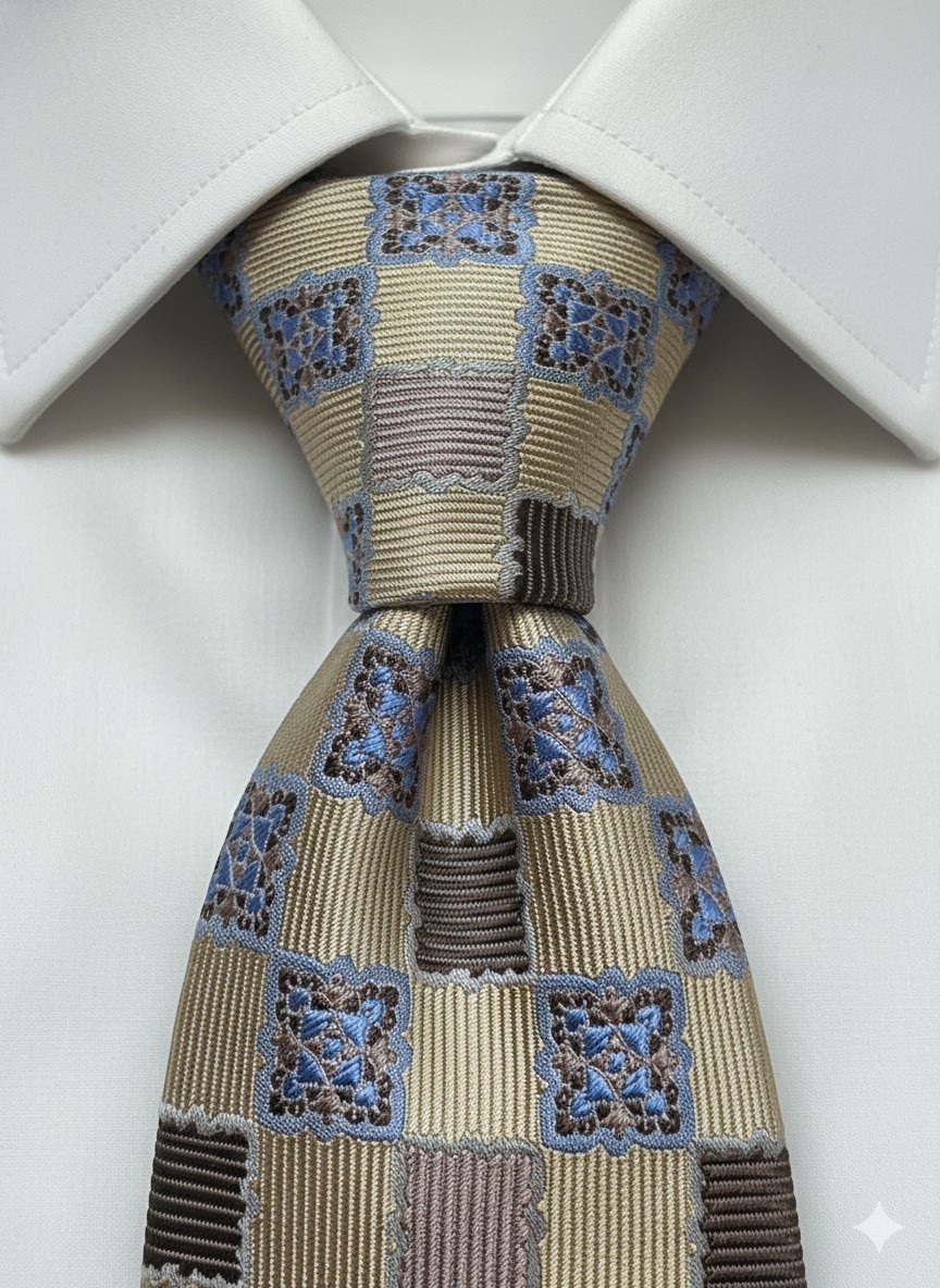 Tom James 100% Silk Tie Yellow Gold Blue Geometric Medallion Check 3.75