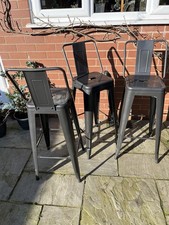 Set of 3 Industrial Metal Bar Stools with Backrest, Grey, Indoor/Outdoor