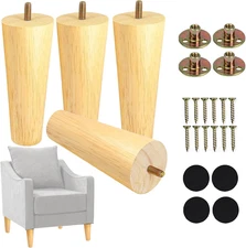 6 Inches Round Solid Wood Furniture Legs Set of 4, Natural Wooden Feet with T...
