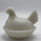 Vintage White Milk Glass Chicken Hen On Nest Basket Trinket Box Candy Dish