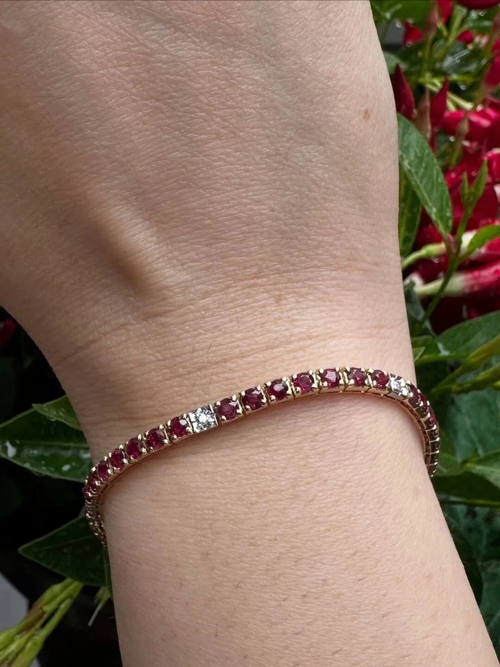 10Ct Round Cut Natural Red Ruby & Diamond Tennis Bracelet 14K Real Yellow Gold - Image 4 of 4