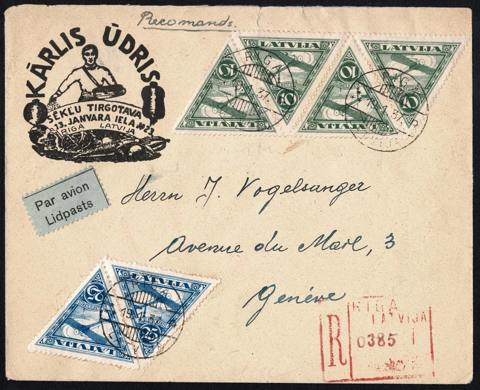 Correo aéreo de Letonia 1937, Riga a Ginebra, triángulos 10s+25s, Reg’d, Lidpasts Foto 2 de 3