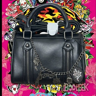 Ed Hardy Satchel Crossbody Purse Bag Black w Chain & Charms Tiger