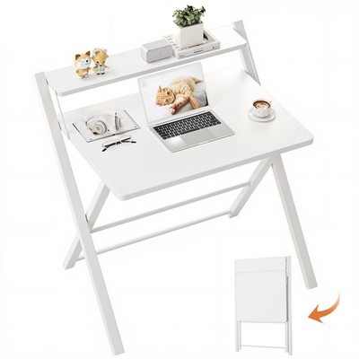 No Assembly Folding Desk, 2-Tier Compact Computer Desk with Shelf, Space Savi...
