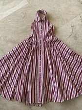 Eva Blue Halter Neck Cotton Summer Dress SZ 12 White &Red Stripe Fit/Flare New