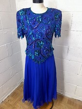 Vintage LAWRENCE KAZAR NewYork Cobalt Blue Hand Sequined Beaded Silk Dress PS C1