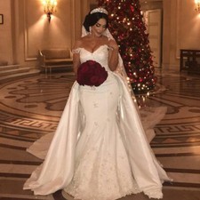 Mermaid Wedding Dress With Detachable Train Off Shoulder Tulle Applique BallGown