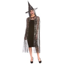 HEXENHUT + UMHANG Schimmer Damen Halloween Grusel Kost&uuml;m Set Spinnennetz