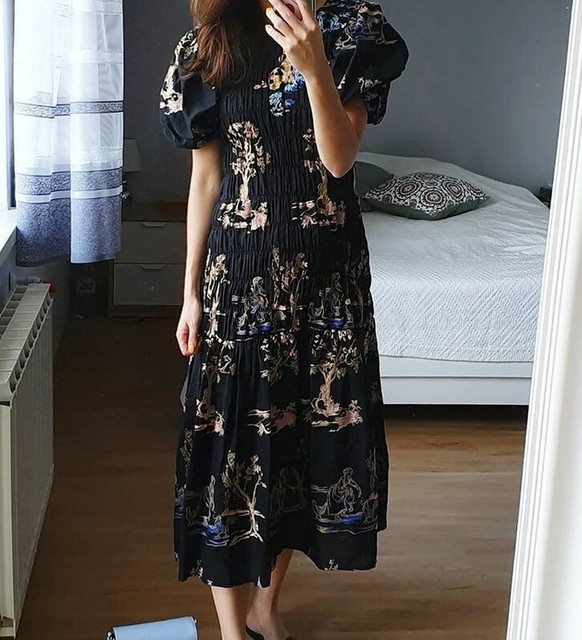 Zara Black Maxi Midi Boho Smock Puff Sleeve Ruffle Hem Embroidered