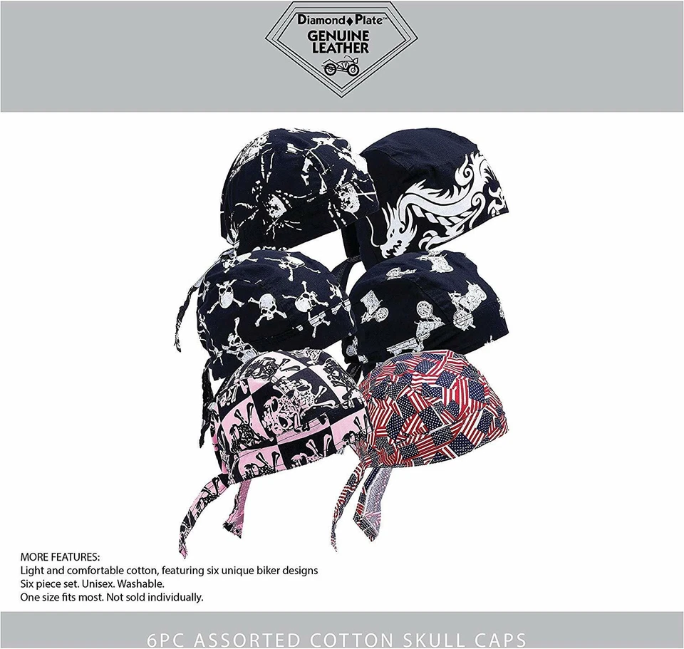 6pc Skull Caps Sweat Do Rag Head Wrap Dew Bandana 100% Cotton Motorcycle Biker - Image 2 of 4
