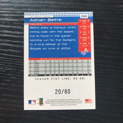 2004 Donruss Stat Line Season /80 Adrian Beltre #284 HOF - Picture 2 of 2