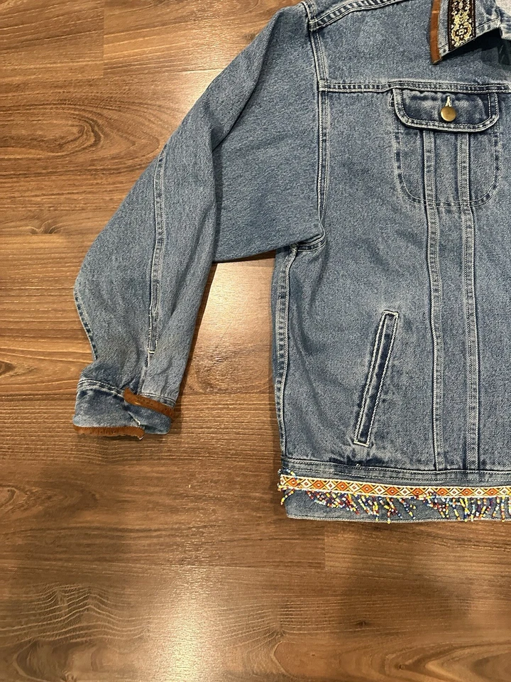 Vintage 90s SHAVER LAKE Aztec Embroidered Beads Denim Jacket Women's XL - Image 3 of 4