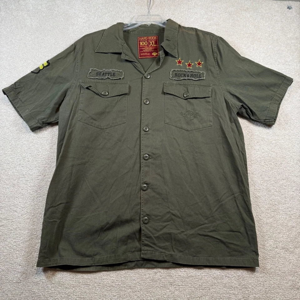 Camisa Hard Rock Café Seattle Rock and Roll Manga Corta Abotonada XL Verde Oliva Foto 4 de 4