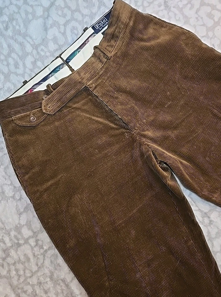 Vintage Polo Ralph Lauren Andrew Corduroy Pants Men’s 34x34 Brown Tan Pleated - Image 4 of 4