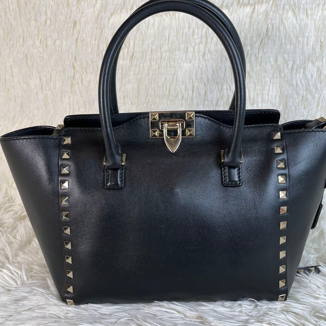 Valentino Garavani Rockstud 2Way Leather Handbag Black, B Grade Japan thumbnail 2