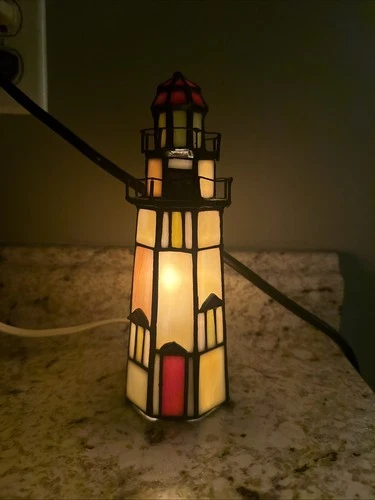 Dale Tiffany vintage Stained Glass Lighthouse table Lamp Nautical Working 8”Tall