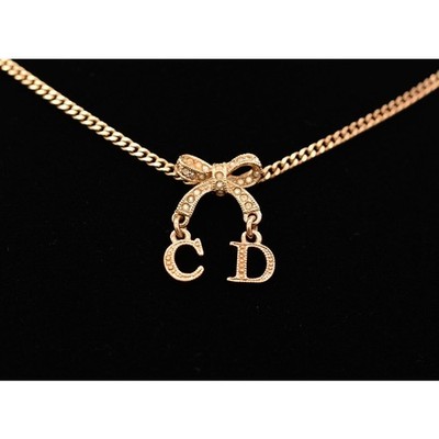 Christian Dior Vintage Logo Bow Necklace CD Charm Crystal Signed