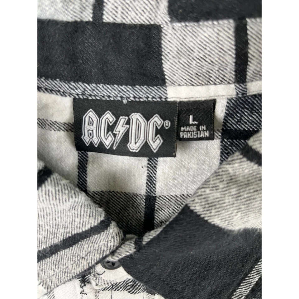 Hombre AC/DC Franela Cuadros Camisa L Negro Blanco Abotonado Manga Larga Banda Gráfico Foto 3 de 4