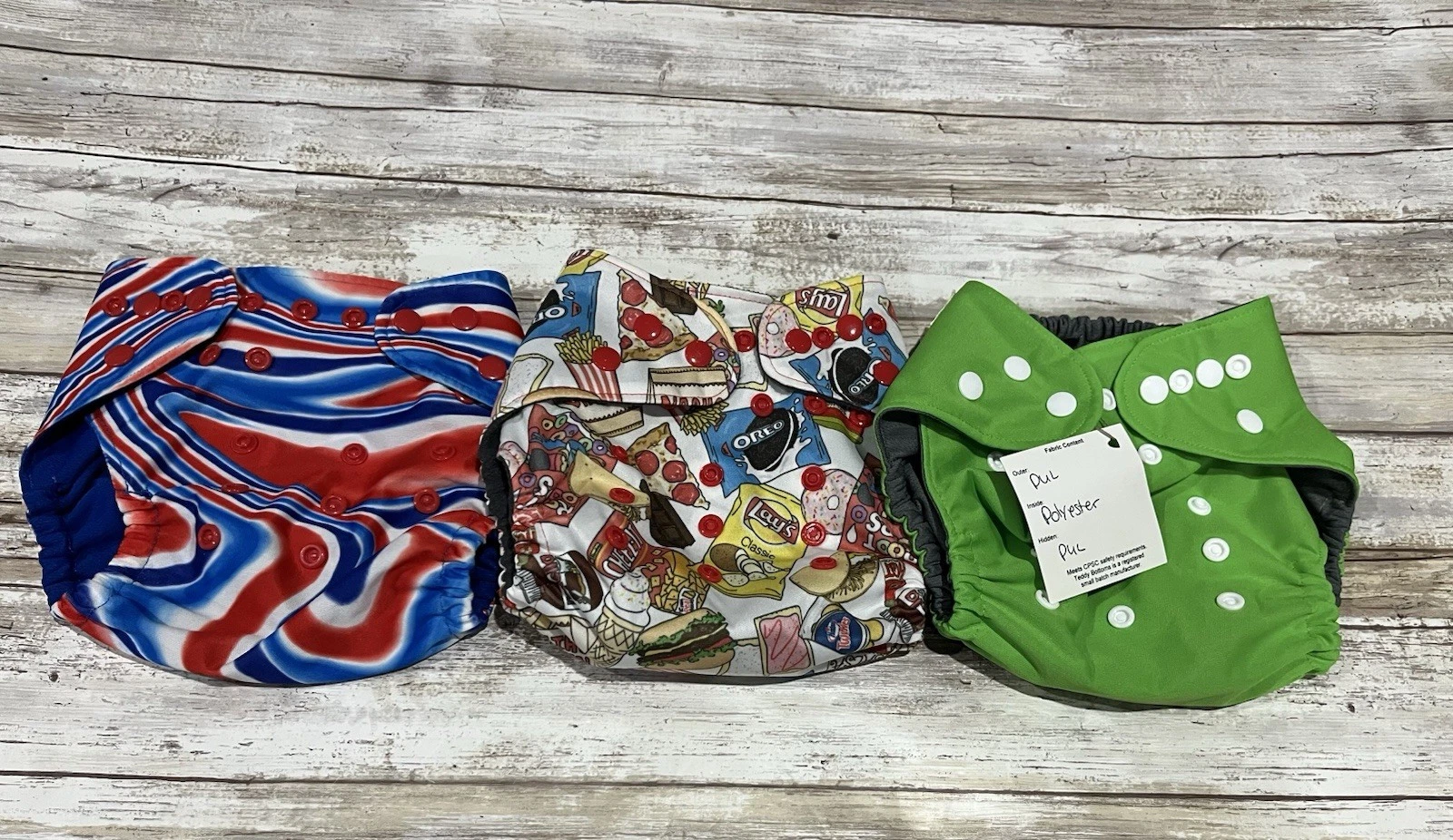 NWT Teddy Bottoms lot Green Spider & Web, Food, Swirls, Pocket One Size Diapers