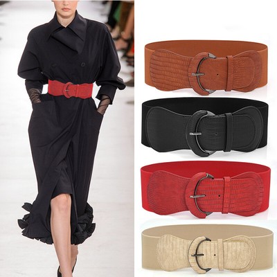 Elastic Wide Belt with Faux Leather Trim, Stretchy Cinch for Dresses Women Wide Faux Leather Elastic Belt Stretch Corset Dress  main image 2