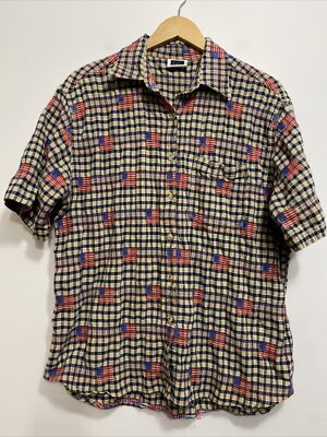 Vtg CST Sport American Flag Shirt Womens Medium Sleeve Button Up Blue Tan Check
