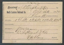 1886 NORTH EASTERN RR CO FREIGHT BILL FOR 3 BALES OF COTTON ABOUT 4 X 6