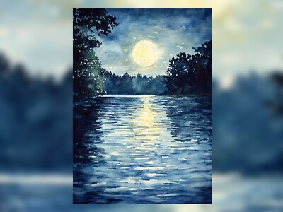 Moonlit Lake Reflexion 5''x7'' Druck auf mattem Papier | Ruhige Nacht Landschaft