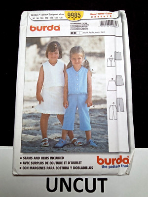 BURDA UNCUT sewing Pattern 9985 Girls Kids Size 2-8 Semi Fitted Skirt Top Pants