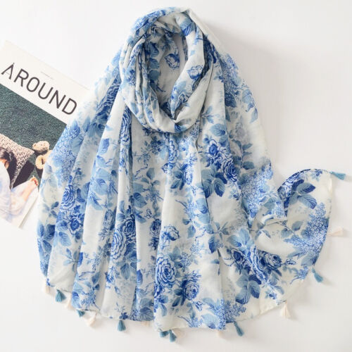 Womens Blue Porcelain Floral Soft Scarf Beach Summer Pashmina Tassel Shawl Wrap