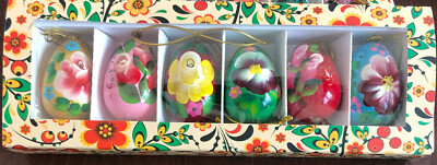 EASTER EGG ORNAMENTS HAND PAINTED FLOWERS SET OF 6 MADE IN RUSSIA SEASONAL DECOR