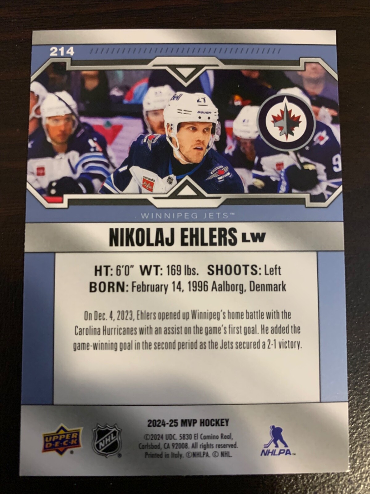 UPPERDECK MVP 202425 NIKOLAJ EHLERS SHORT PRINT HOCKEY CARD 214