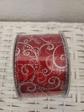 CELEBRATE IT 10-YD WIRED SHEER RED RIBBON WITH GLITTER  SWIRLS 2.5 IN WIDE NEW