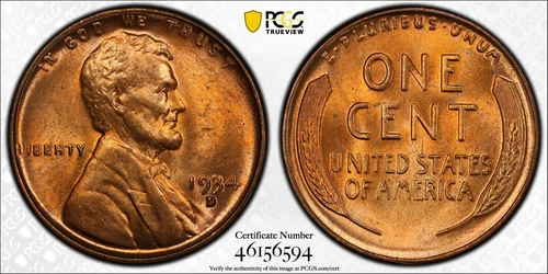 1934-D 1c Lincoln Wheat Penny Gold Shield PCGS MS65+RD  RED (HJ)