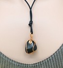 Natural Black Polished River Stone Necklace, Copper Wire Wrapped, Leather Cord