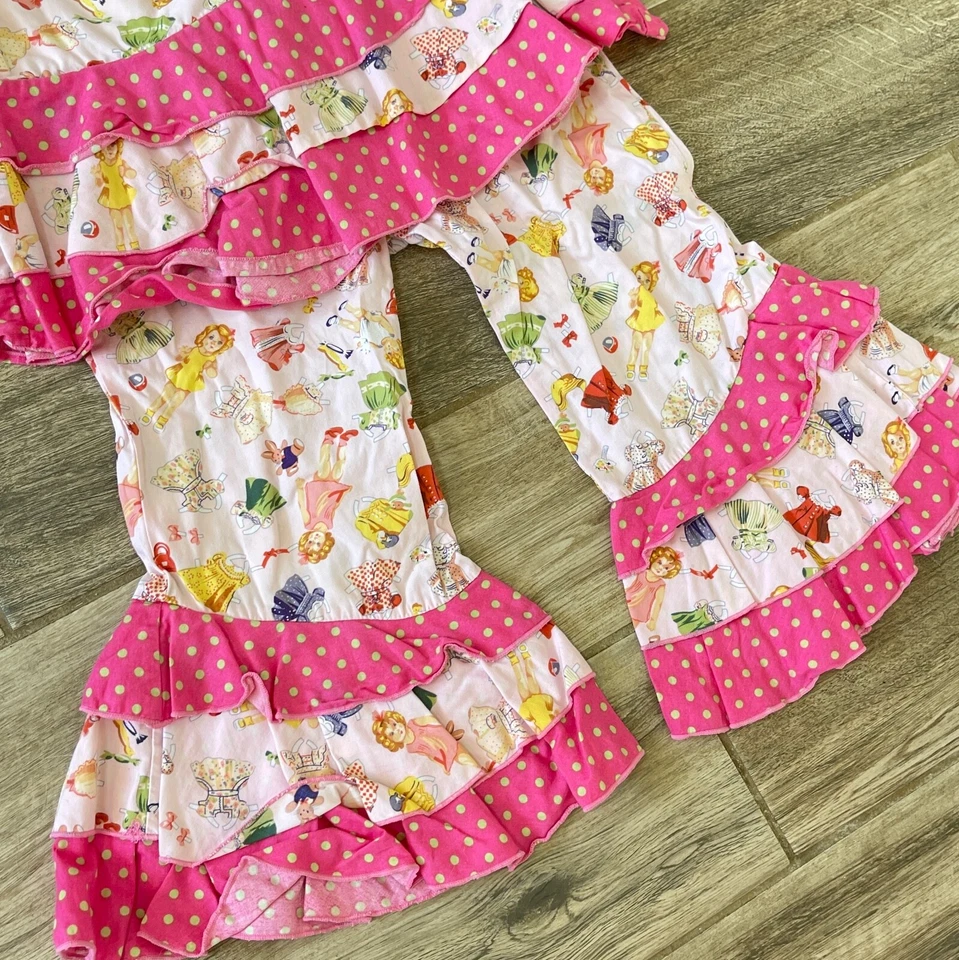 Ann Loren Girls Sz 6 Pink Colorful Ruffle Bottom Top Pants 2 Piece Outfit Set - Image 3 of 4