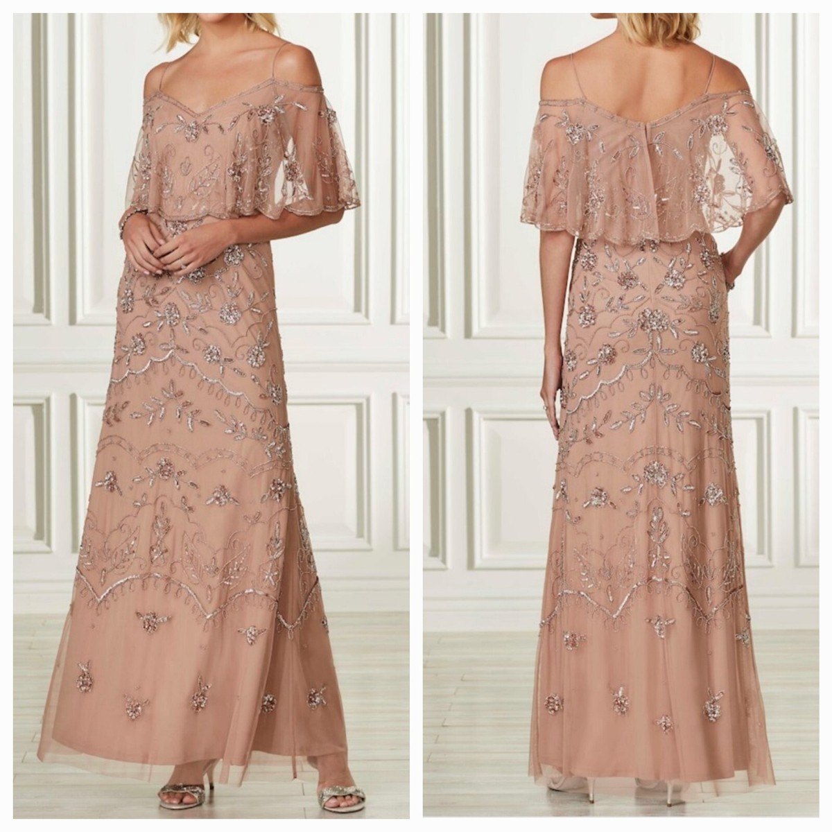 Adrianna Papell Womens Sz 14 Rose Gold Embellished Gown Maxi Dress Style#  40162 | eBay