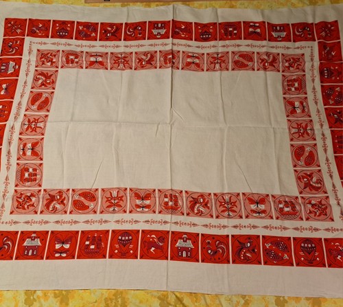 Great MCM mid-century Linen Tablecloth 68" X 50" Red Pink White