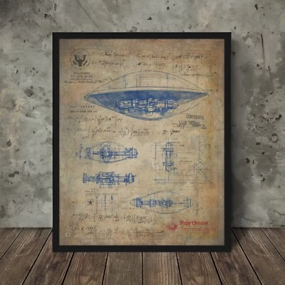 CULT KINDNESS Vintage RAYTHEON UFO BLUEPRINT Wall Art, NHI Alien Physics Classified UAP Poster