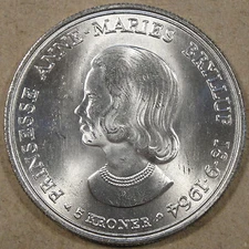 Denmark 1964 5 Kroner BU Silver Wedding Princess Anne Marie Small Silver Crown