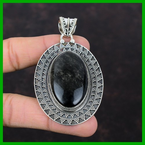 Sterling Silber Oval Natur Silber Glanz Obsidian Vintage Einfassung Anhänger Schmuck - Bild 3 von 7