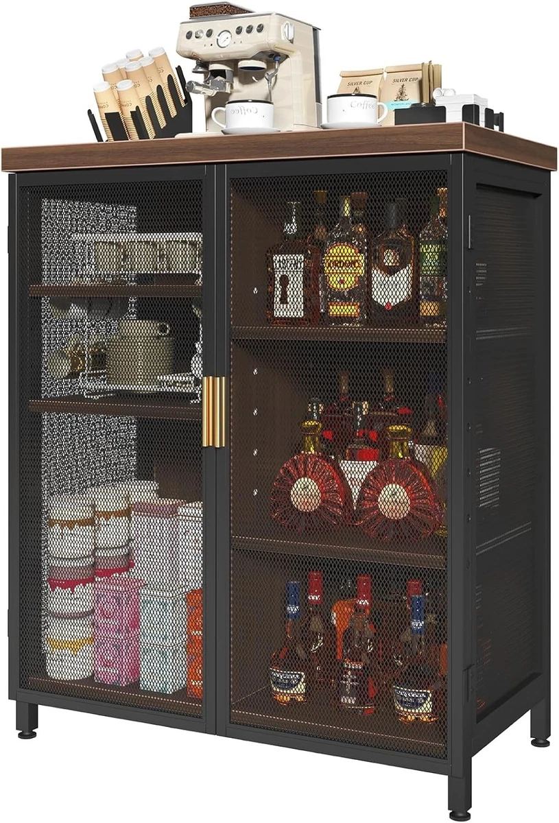Armadietto Da Bar In Stile Rustico-Industriale - Credenza Per Liquori E Buffet, Con Ripiani Regolabili, Marrone, 91x73x33 Cm