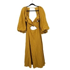 ASOS Mustard Yellow Linen Twist Front Cutout Maxi Dress Balloon Sleeve US 8
