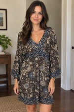 Express Design Studio Silk Dress Small Tunic Empire Waist Boho Paisley Vtg Y2K