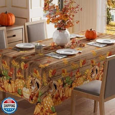 XCHI Fall Squirrel Pumpkin Maple Leaves Wood Tablecloth Square Washable Table